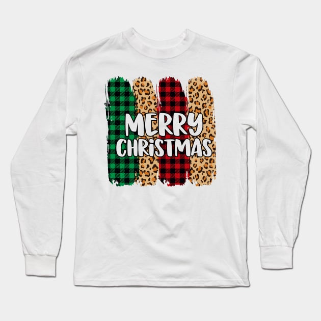 Merry Christmas Leopard Buffalo Plaid Long Sleeve T-Shirt by Peach Lily Rainbow